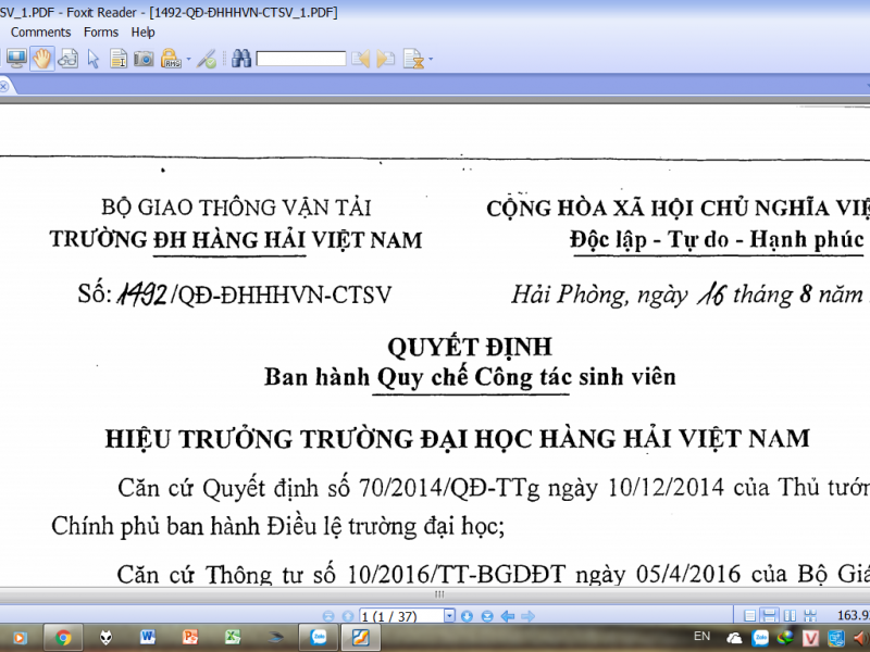 QUY CHẾ CÔNG TÁC SINH VIÊN ĐHHHVN ÁP DỤNG TỪ NĂM HỌC 2017-2018