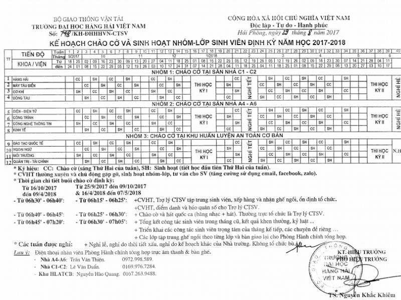 Kế hoạch Chào cờ- Sinh hoạt nhóm-lớp SV năm học 2017-2018