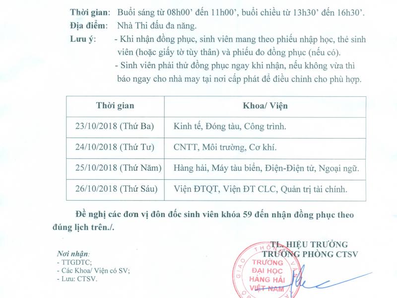 LỊCH TRẢ ĐỒNG PHỤC MÙA ĐÔNG CHO SV KHÓA 59